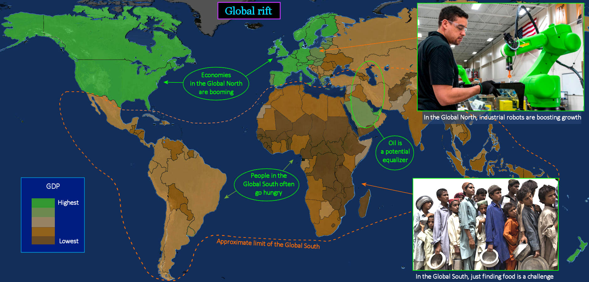 Global North, and Global South, 1990s map